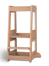 Wooden learning tower with natural beech finish, designed for children's safety and development.