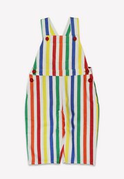  Colorful striped cotton twill overalls for kids, available in sizes from 3-6 months to 3-4 years.