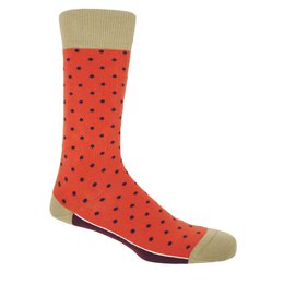 Orange polka dot men's socks with beige accents.