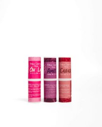 Moisturizing lip balm and color lipstick with refill, available in Cabaré, Ametista, and Oh La La shades.