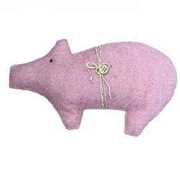 Pink wool felt handmade pig decoration, soft plush animal ornament, cute farmyard toy.