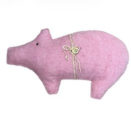 Pink wool felt handmade pig decoration, soft plush animal ornament, cute farmyard toy.