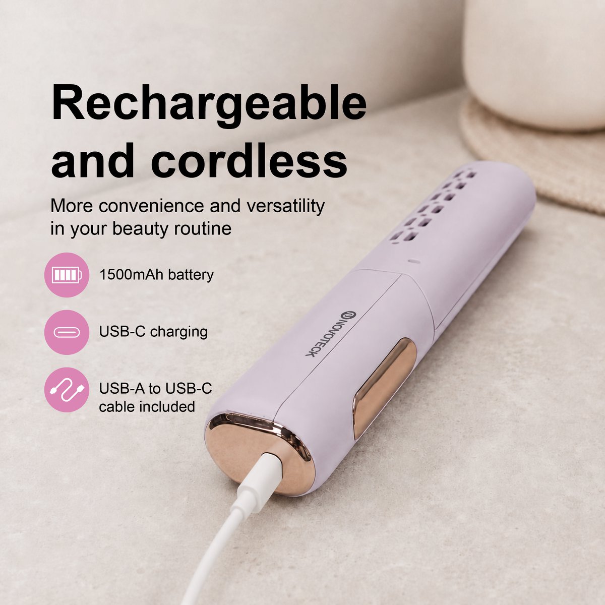 NOVOTECK HT-002 Cepillo para alisar y peinar el cabello 2 en 1 - Recargable, 3 configuraciones de temperatura, 1500 mAh, carga USB-C