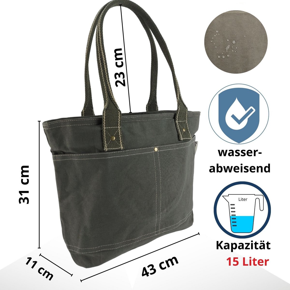Domelo Damen gewachste Canvas Shopper. Wasserabweisende Handtasche.  Vegane Schultertasche . Einfarbig Damentasche A4 geeignet