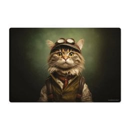 A dark green desk mat featuring a close-up portrait of a cat wearing a leather aviator hat against a dark background.