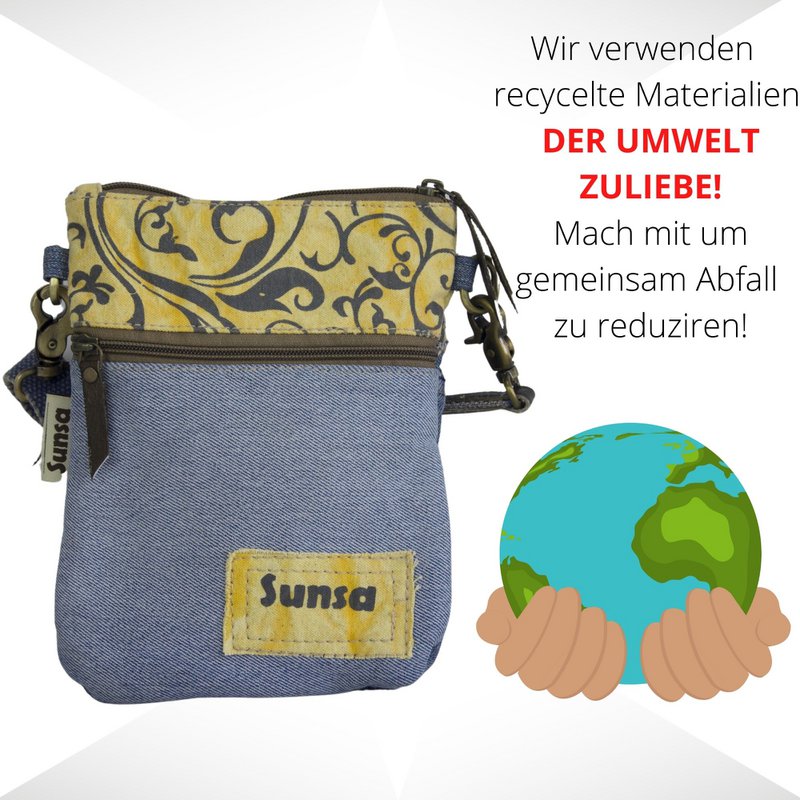 Sunsa kleine Nachhaltige Umhängetasche.  Damen Schultertasche aus recycelte Jeans & Canvas ( Segeltuch). Handtasche Vintage retro Stil. Crossbody Tasche für Frauen.
