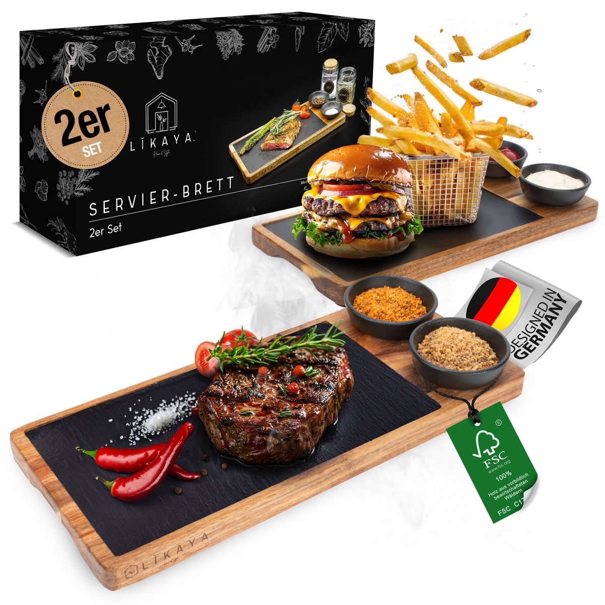 Serveringsbestyrelse 'Luis' 2 sæt lavet af FSC® Acacia Wood med skiferplader & Saucen