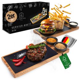 Serving board 'LUIS' 2-piece set made of FSC® acacia wood with slate plate & sauce bowls. Includes a variety of food items such as a burger, fries, and steak.
The image shows a serving board set made of FSC® certified acacia wood, with a slate plate and small sauce bowls. The set includes a variety of food items such as a burger, french fries, and a steak dish. The overall presentation suggests this is a high-quality serving set for a restaurant or home dining experience.