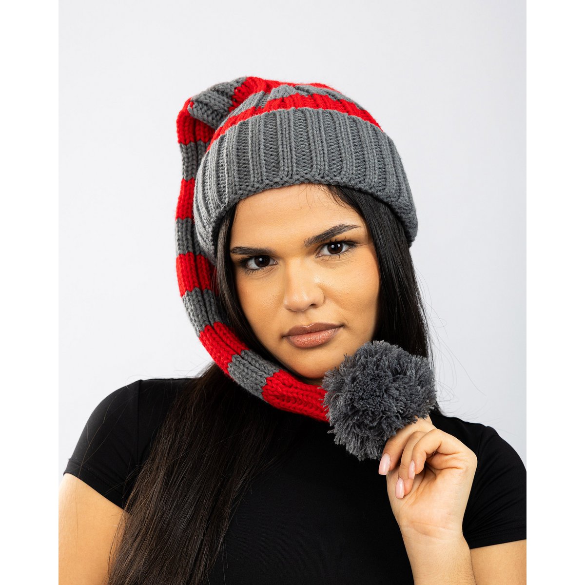 Santa hat - Red/grey striped coarse knit