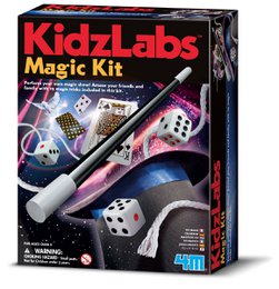 A magic kit with various magic props and accessories, including dice, wands, and other items for performing magic tricks.