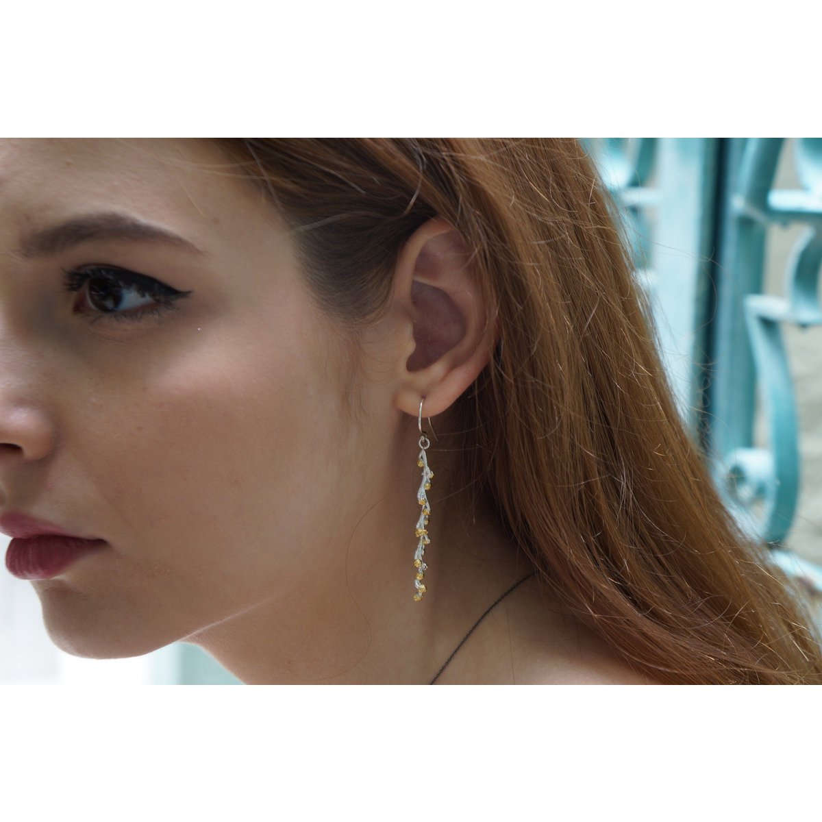 Sterling Silver Botanical Earrings - Real Twig with Gold Detail