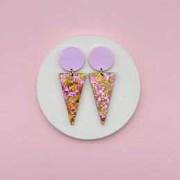 Purple drop earrings with glitter sequin cone shape, sparkly colorful details, dangling style jewelry