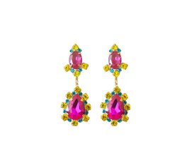 Vibrant statement earrings featuring pear-shaped pink and yellow gemstones in a bold, eye-catching design.