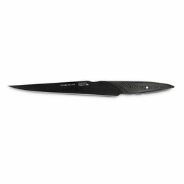 A black, sleek filet knife with a sharp, pointed blade for precision filleting of fish.