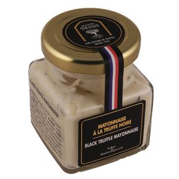 A jar of 3% black truffle mayonnaise. The mayonnaise is a creamy white color and the jar has a gold lid with a black and red label.