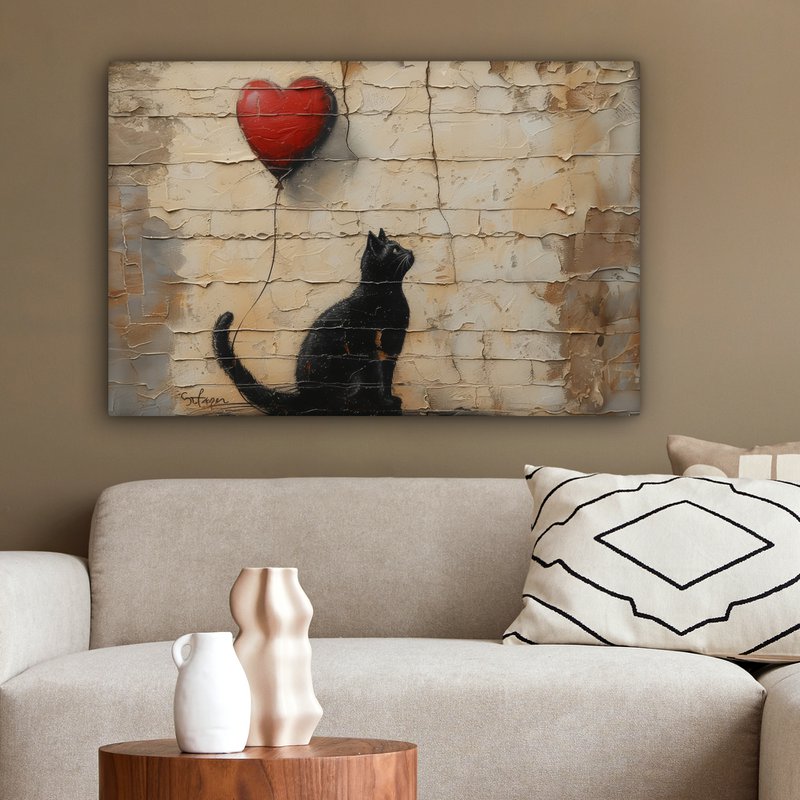 Canvas schilderij - Wanddecoratie Kat - Graffiti - Ballon - Street art - Abstract - Muurdecoratie woonkamer - Kamer decoratie modern - Abstracte schilderijen