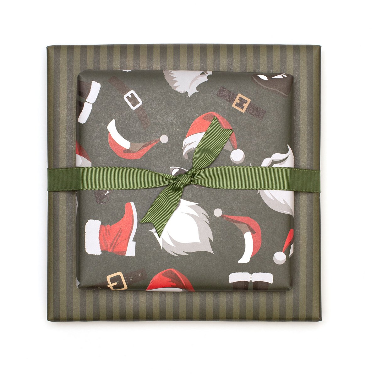 Grünes Weihnachts- Geschenkpapier mit Nikolaus Outfit und grünen Streifen, edles Geschenkpapier Weihnachtsmann , Weihnachts- Geschenkpapier Männer