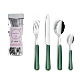  A 24-piece cutlery set in a window box, featuring a variety of colorful stainless steel utensils including forks, knives, and spoons.