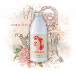 A white bottle with a rooster illustration, containing a hair treatment product. The bottle is surrounded by floral elements and has a vintage, rustic aesthetic.