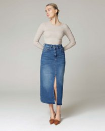  Mid-blue denim skirt, midi length, front slit, classic casual style, kids fashion.