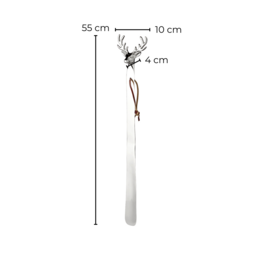  Long, nickel-plated polished shoe horn with a deer motif handle, measuring 55 cm in length.