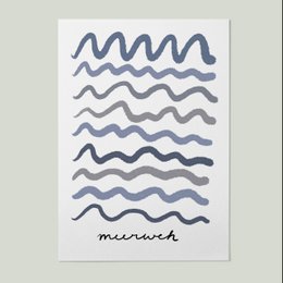 Wavy, abstract pattern in shades of blue on a white background. The text "meerweh" is written below the pattern.