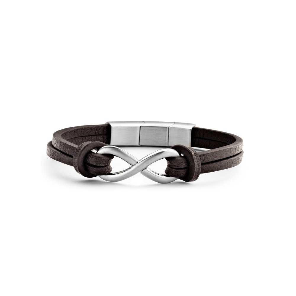 Frank 1967 7FB-0297 Læderarmbånd med stålelementer Infinity 1,5 x 2 cm - Mænd - Længde 20 + 1 cm - Mørkebrun