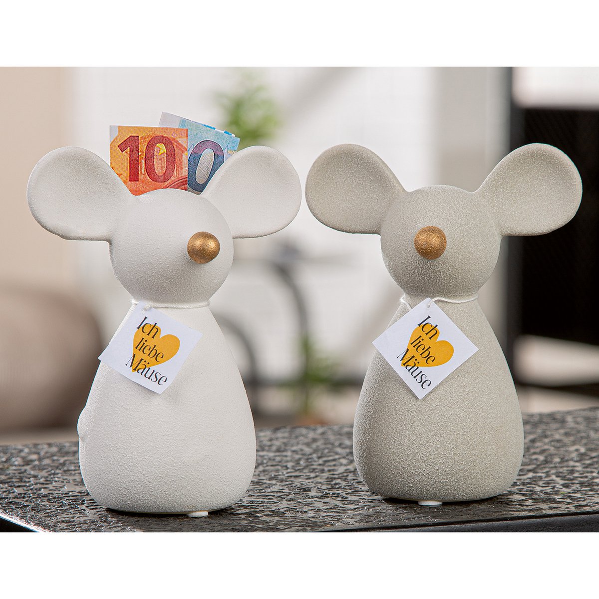 Spardose Maus Maus 2-sort. grau, weiß H. 15 cm, VE 8