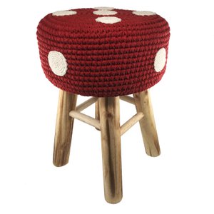 Luna-Leena stool with a mushroom cover red - cotton & wood - hand crocheted in Nepal