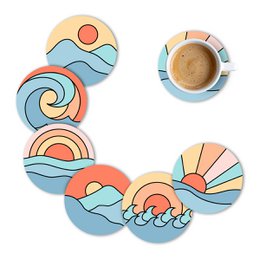  Wooden coasters set, colorful sunset and ocean wave designs, round shape, blue orange coral colors, nature-inspired prints