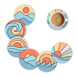 Wooden coasters set, colorful sunset and ocean wave designs, round shape, blue orange coral colors, nature-inspired prints