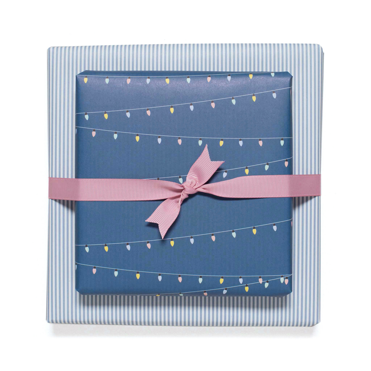 Blaues Geschenkpapier mit Lichterketten und Streifen, Geburtstags Geschenkpapier mit Partylichtern für Kinder und Erwachsene