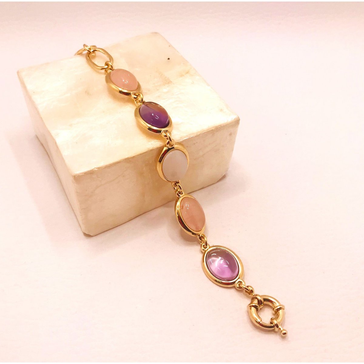 Oval Gemstone Chain Bracelet 18K GOLD PLATED -Amethyst/Rose Quartz/Mother of Pearl
