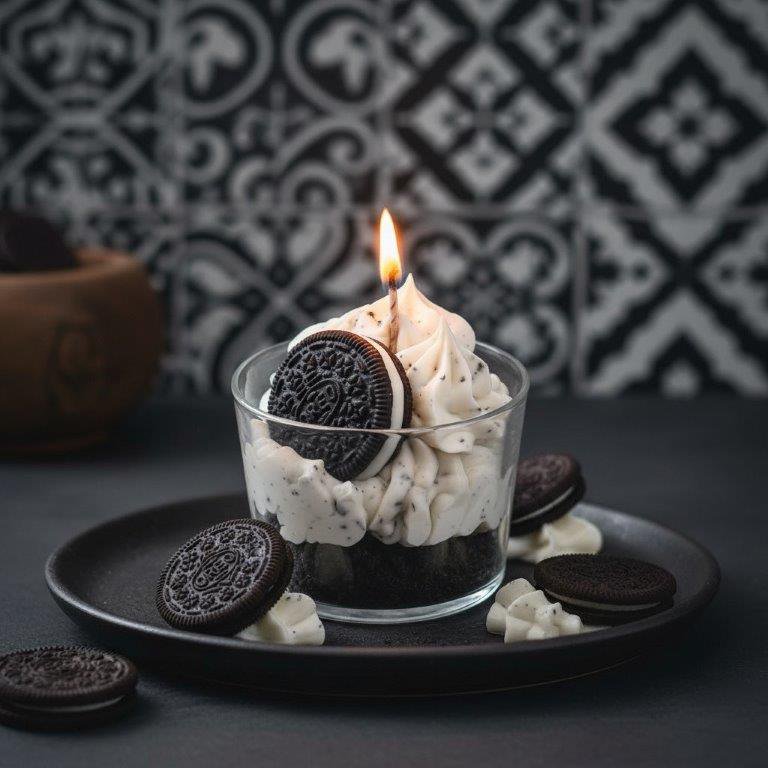 LAVURI Nòrio Dessert Candle CUP, cookie vanilla scent, black/white colored, handmade bio vegan soy wax - Duftkerze