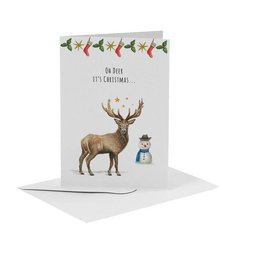 A hand-painted Christmas card featuring a deer and a snowman against a white background with a festive border of holly leaves and berries. The card is A6 size.