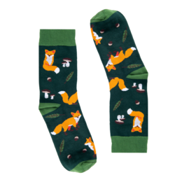 Green socks with orange and white fox designs. Soft, comfortable material.