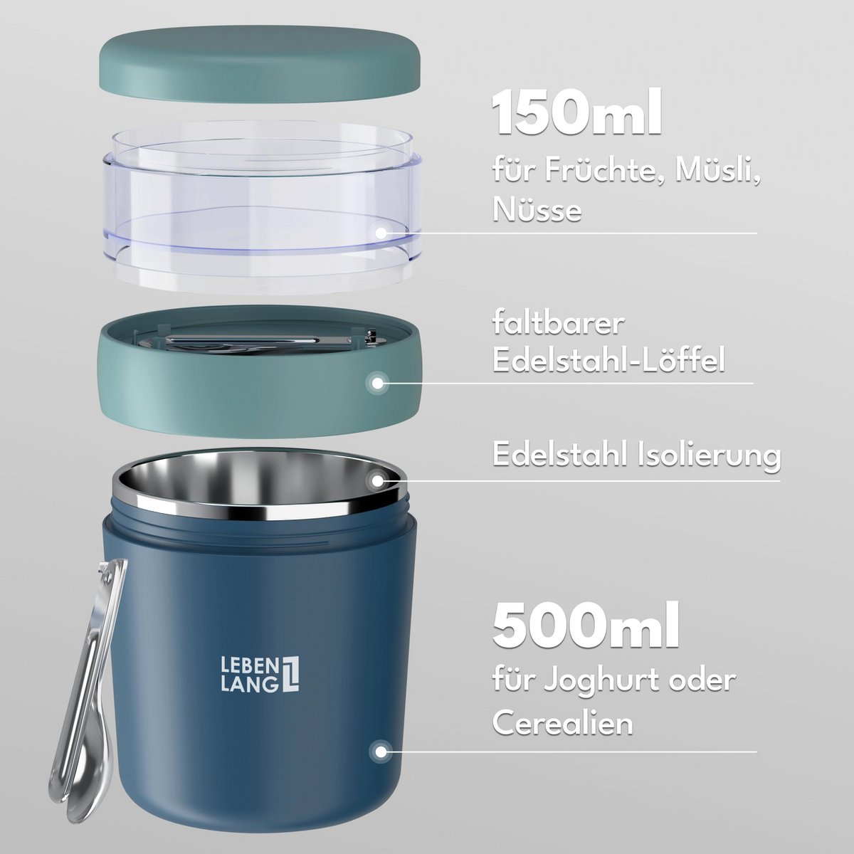 Taza de cereales para llevar de por vida con cuchara - pared interior aislante de acero inoxidable y 650 ml I taza de yogur para llevar taza de cereales taza de cereales para llevar taza para gachas yogur yogur niños y adultos en movimiento