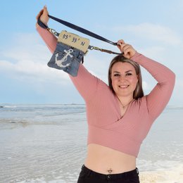Sunsa Damen Umhängetasche. Schultertasche aus Upcycling Jeans und Canvas (Segeltuch). Handtasche Vintage Retro-Stil. Crossbody Tasche für Frauen mit Anker Maritimmotiv
