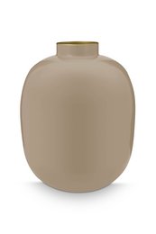 Tall, cylindrical khaki-colored metal vase measuring 32cm in height.