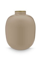 Tall, cylindrical khaki-colored metal vase measuring 32cm in height.