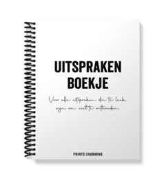 A spiral-bound notebook with the text "UITSPRAKEN BOEKJE" (Sayings Booklet) printed on the cover. The notebook has lined pages and a blank space for writing or drawing.