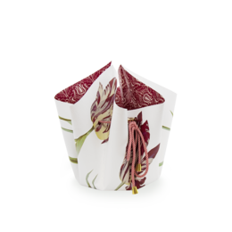Folding vase with white and red tulips in a modern, minimalist design. Vase is made of ceramic with a copper-colored metal stand.