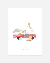 A colorful illustration depicting a retro-style convertible car with camping gear and a happy camper design. The image suggests a wall art or home decor product featuring a whimsical, outdoorsy theme.