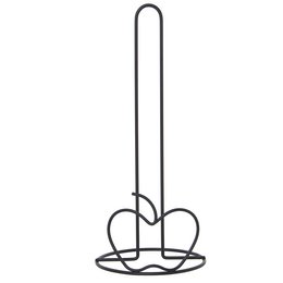 Black metal kitchen roll holder with curved design and apple-shaped base.