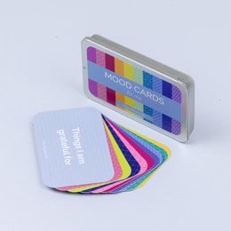 Colorful mood cards for positive mindset, mindfulness, self-care, and wellbeing. The cards feature a variety of vibrant colors and shapes, encouraging users to reflect on their emotions and mental state.