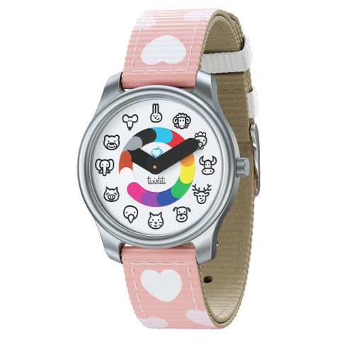 Twistiti - Educatief kinderhorloge voor kinderen van 3-6 jaar, met DIERENwijzerplaat, waterdicht 50 meter, gemakkelijk te verwisselen riem - hartjes