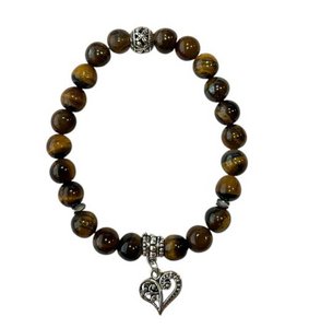 Women's bracelet Tiger Eye 8 mm with heart charm