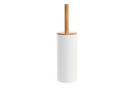 White toilet brush holder made of bamboo and plastic, with a round base and a tall cylindrical shape.