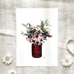 A vibrant bouquet of pink hydrangea flowers arranged in a red vase, creating a beautiful and eye-catching birthday card design.