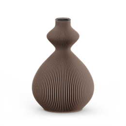 A tall, round vase with a ribbed texture in a variety of neutral colors including charcoal, cinnamon, cool grey, and sage green.